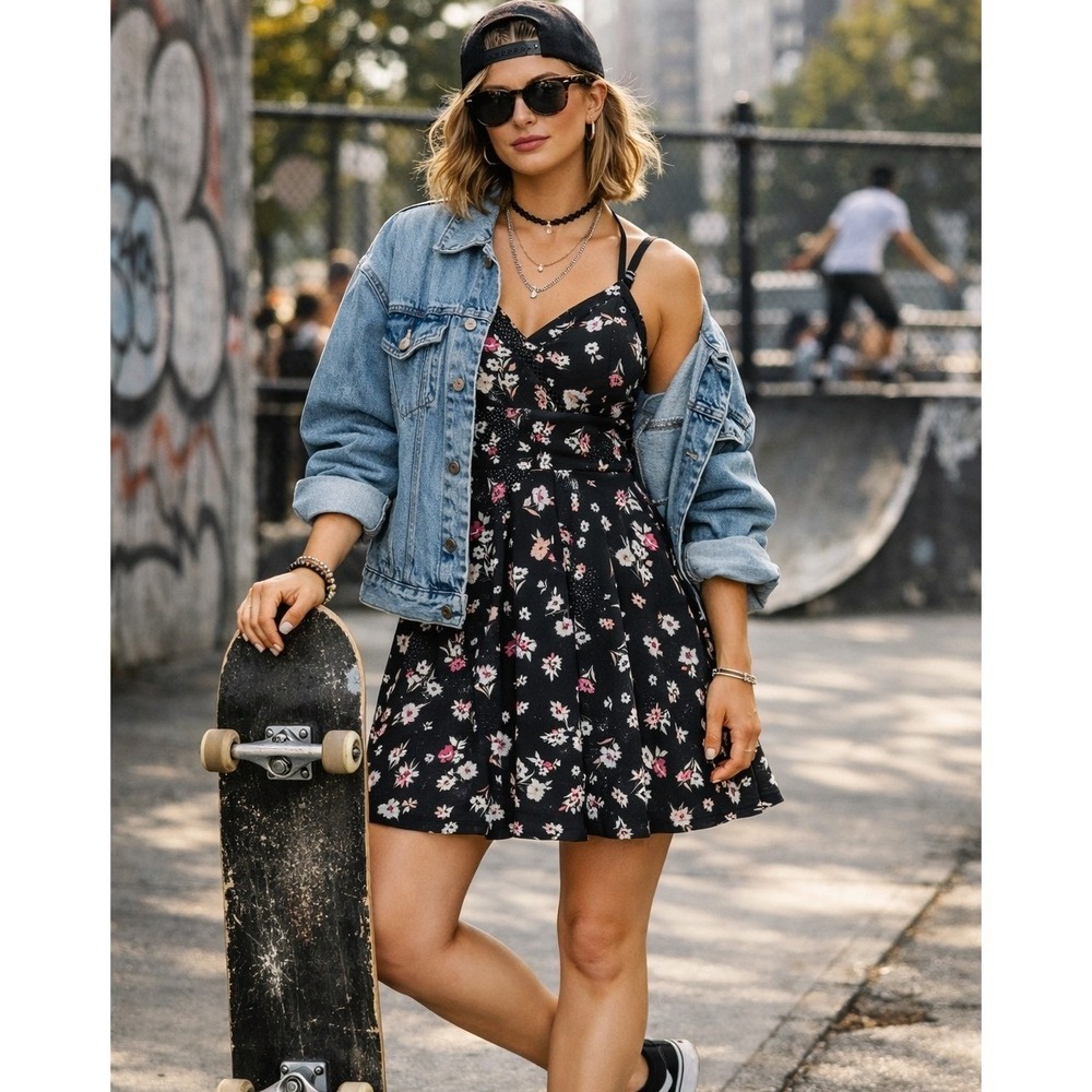 Jun & Ivy Floral Skater Garden Dress Adjustable Straps Sundress Medium